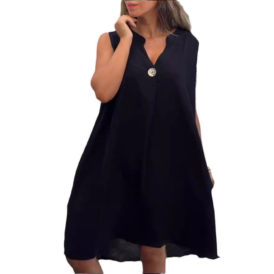 Womens Solid-Colored Sleeveless V-Neck Dress With Button Detailing