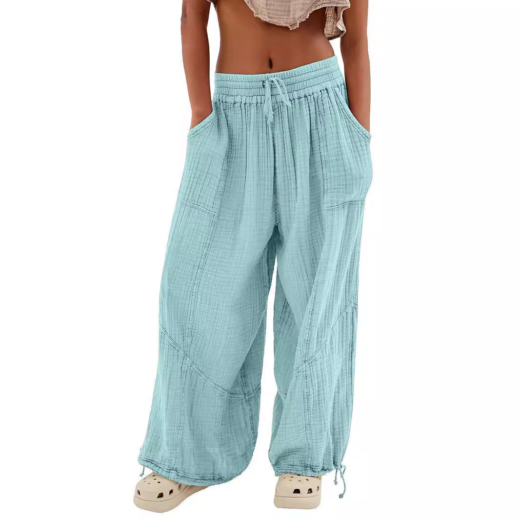 Fashionable Solid-Colored Wide-Leg Pants With Ties And Pockets Long Pants