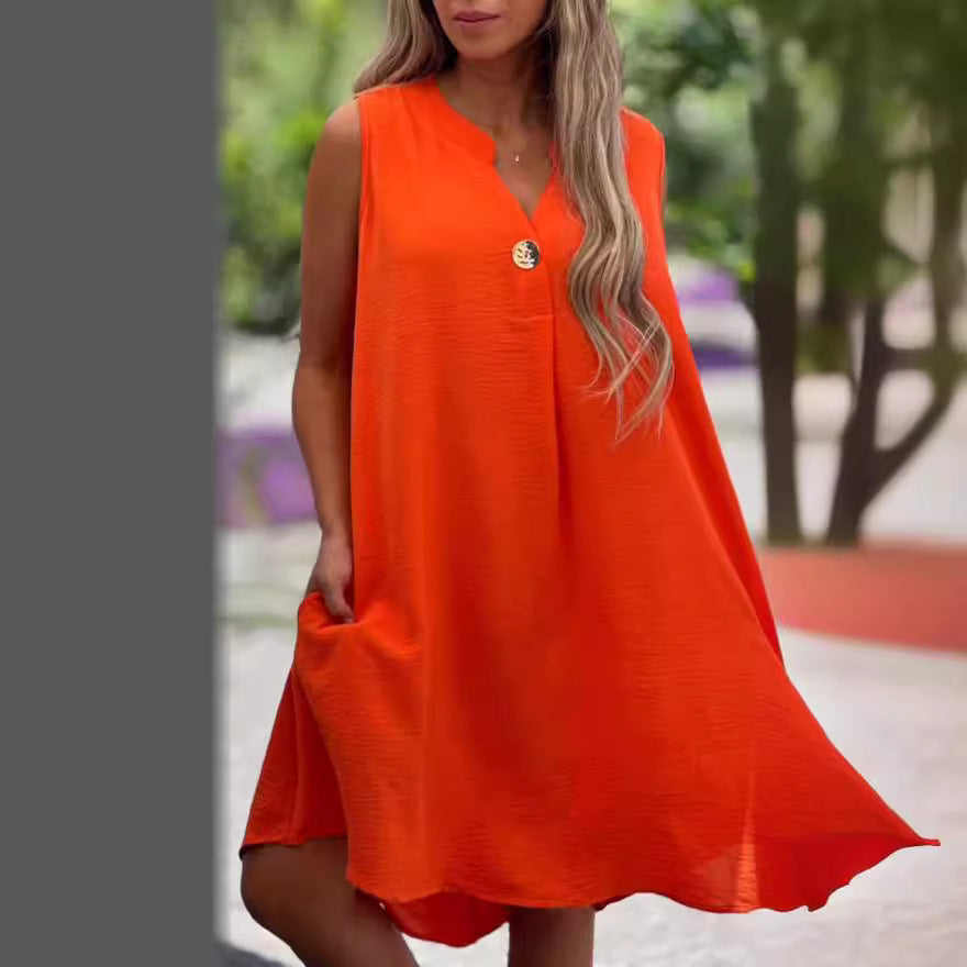 Womens Solid-Colored Sleeveless V-Neck Dress With Button Detailing