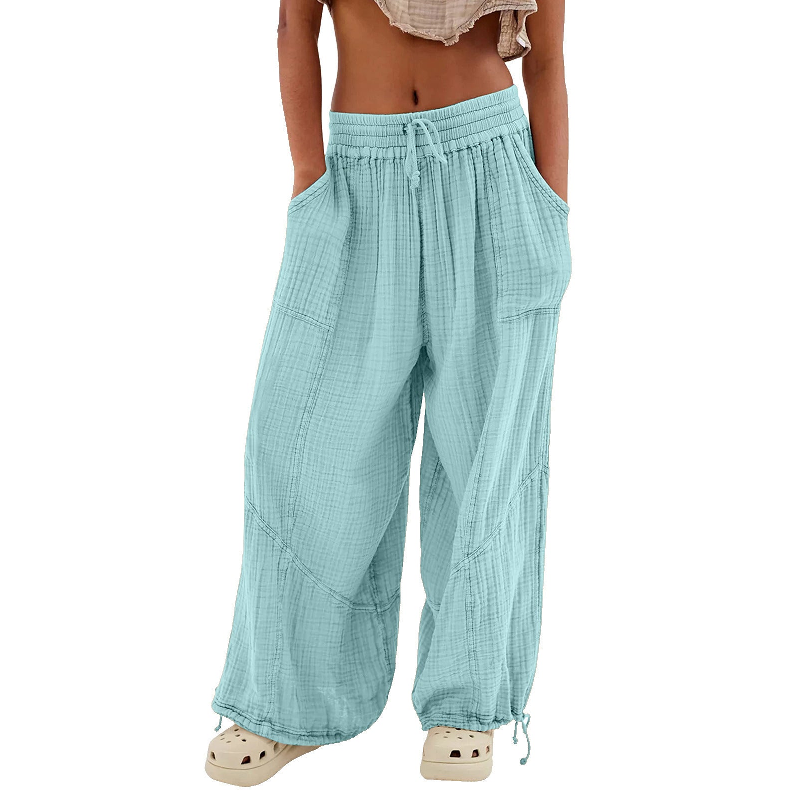 Fashionable Solid-Colored Wide-Leg Pants With Ties And Pockets Long Pants