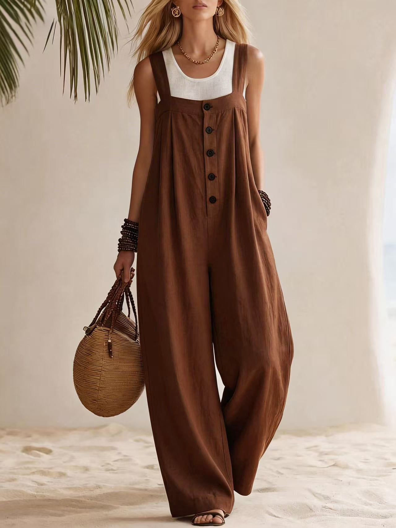 Women's Casual Fashion Bohemian Style Suspender Jumpsuit With Buttons