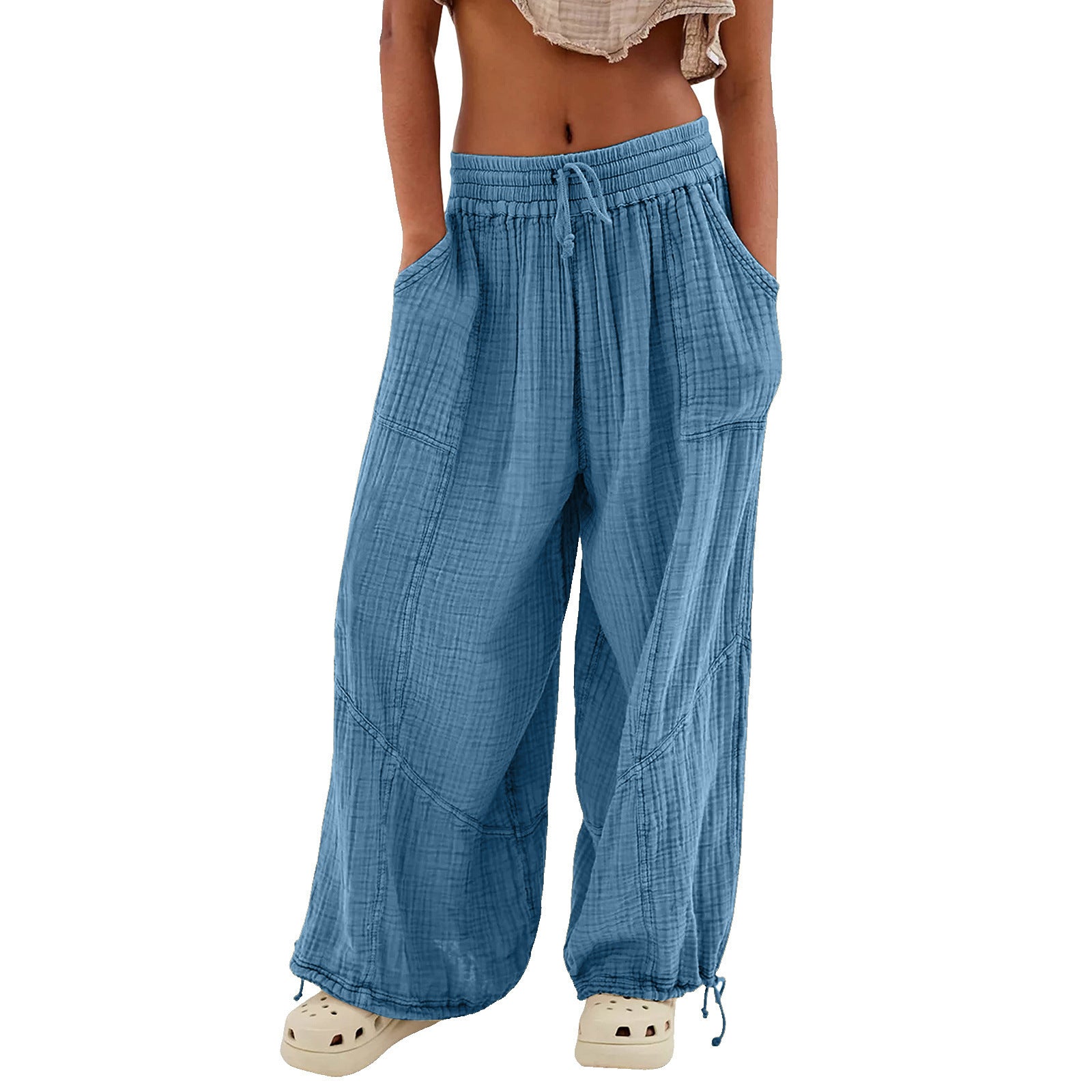 Fashionable Solid-Colored Wide-Leg Pants With Ties And Pockets Long Pants