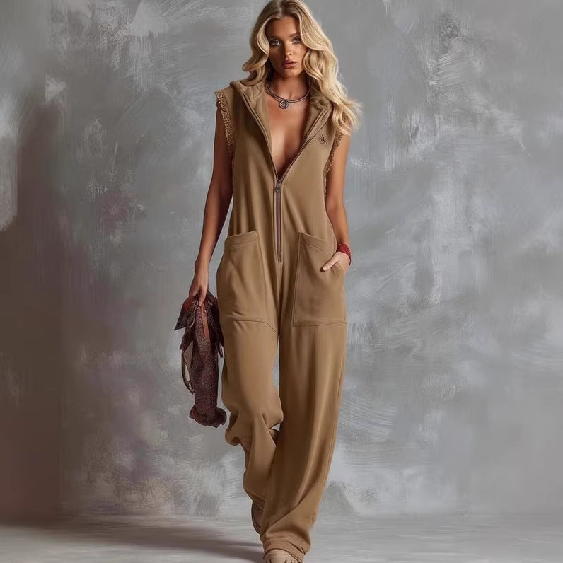 Womens Retro Hooded V-Neck Zip-Up Jumpsuit
