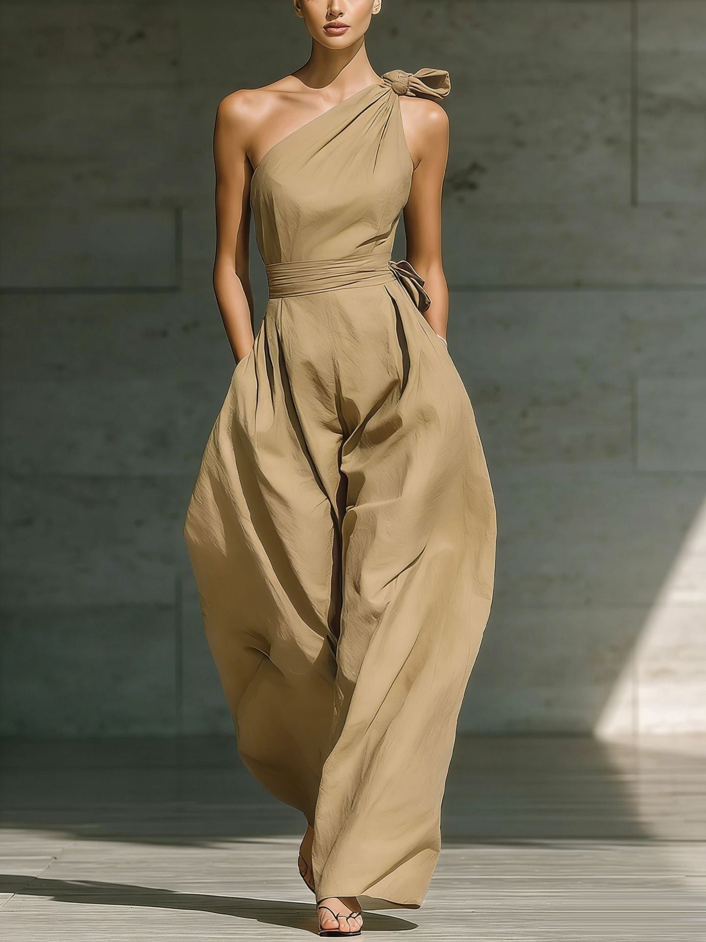 Loose-fitting Sleeveless Off-shoulder Belted Jumpsuit