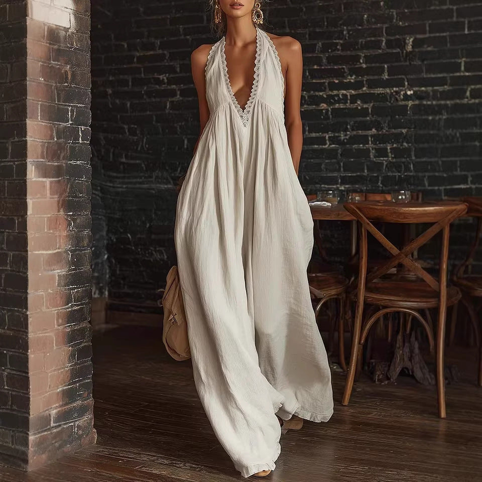Casual And Comfortable Lace-trimmed Loose Linen Jumpsuit