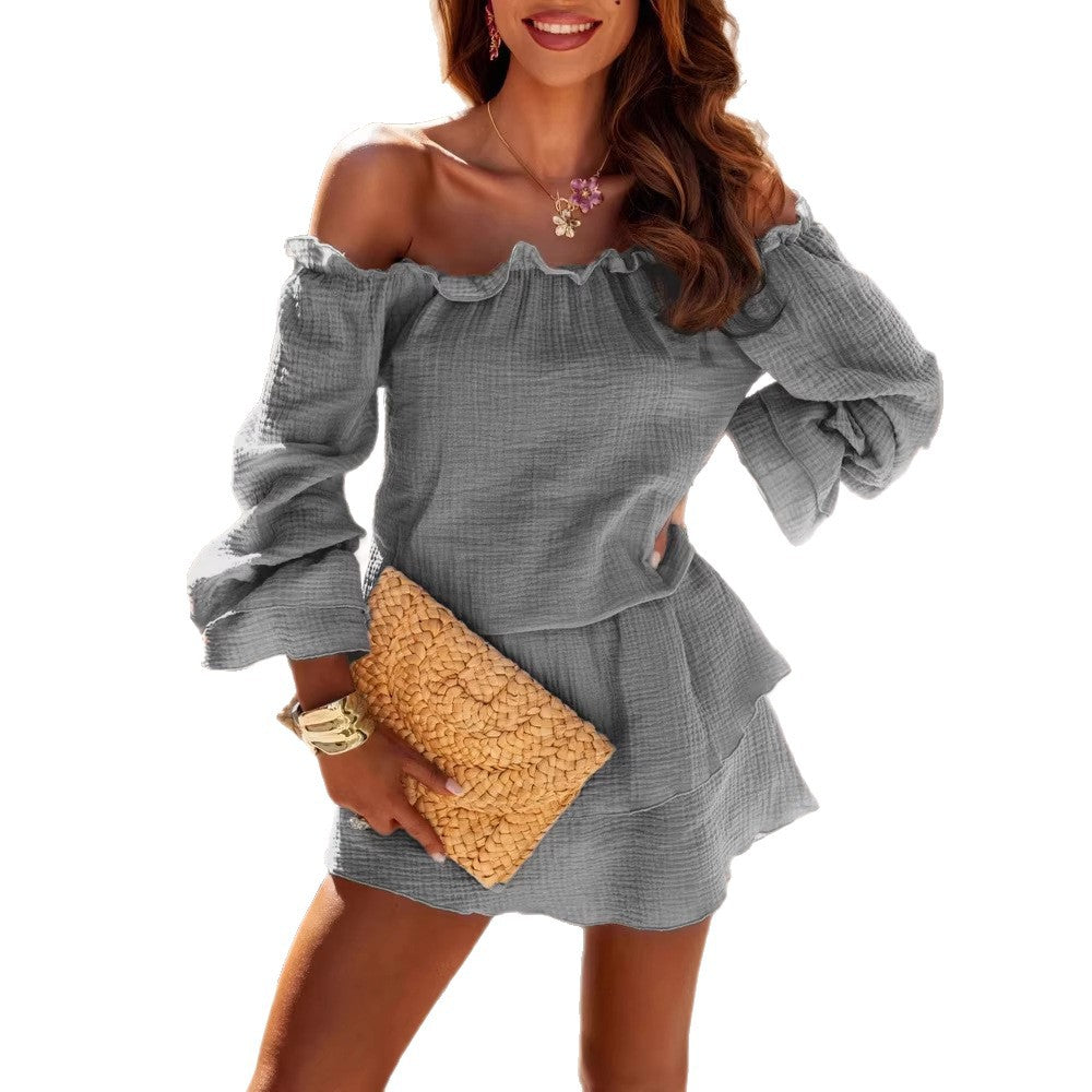 Womens Off-Shoulder Long-Sleeve Solid-Colored Resort-Style Dress