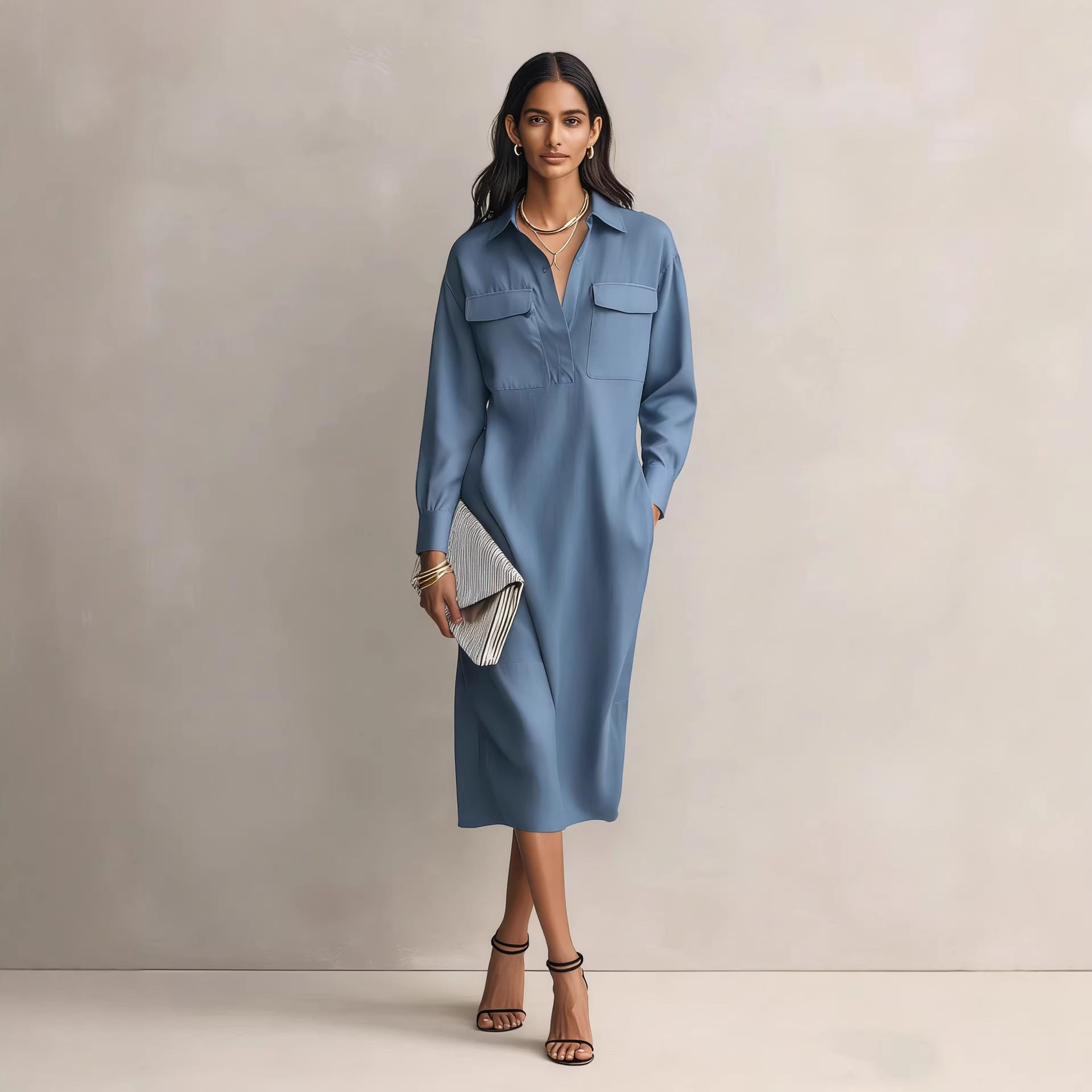 Womens French-style Elegant Commuter Shirt Dress With A Defined Waist, Slimming Fit