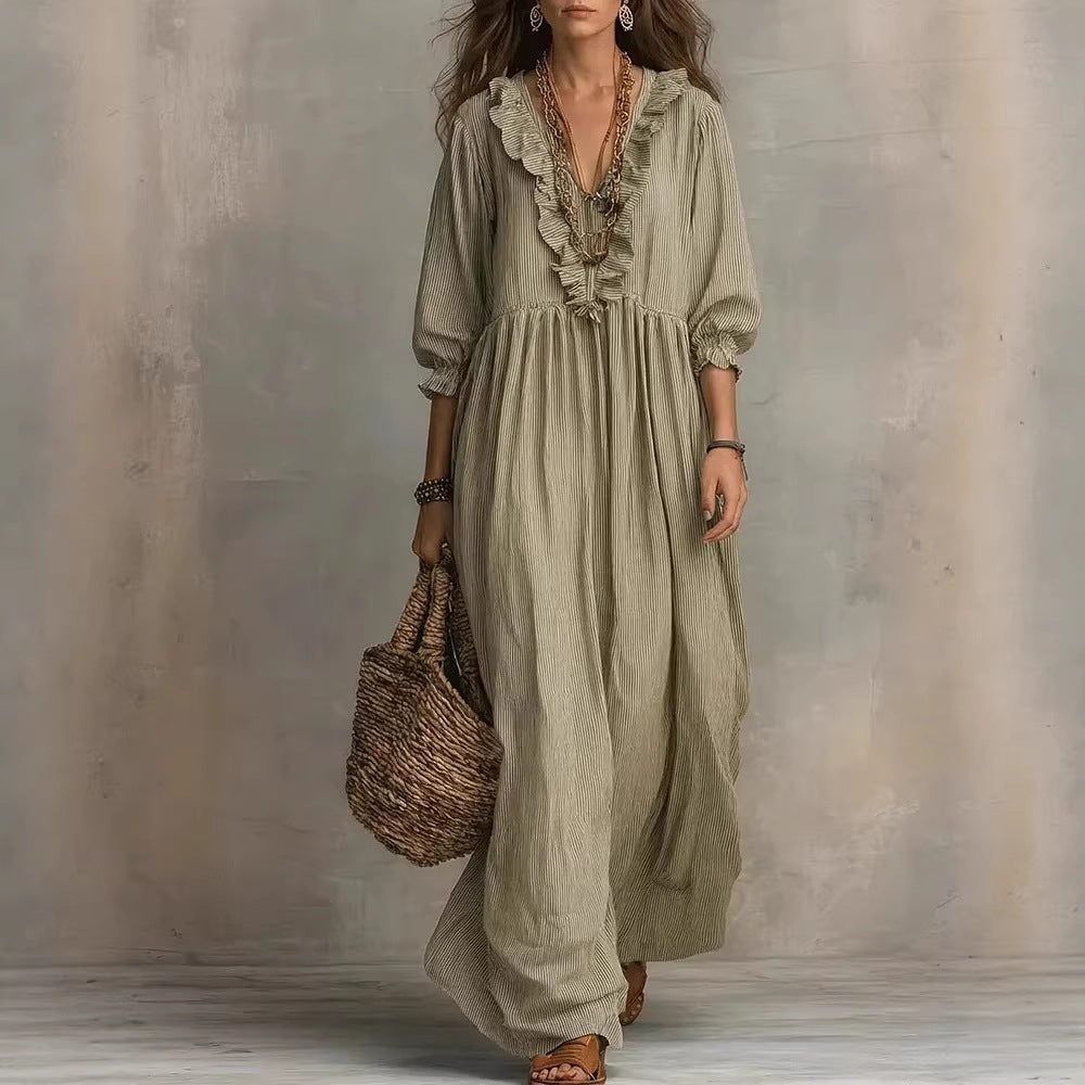Womens Striped Ruffle-Trimmed Loose High-Waist V-Neck Dress