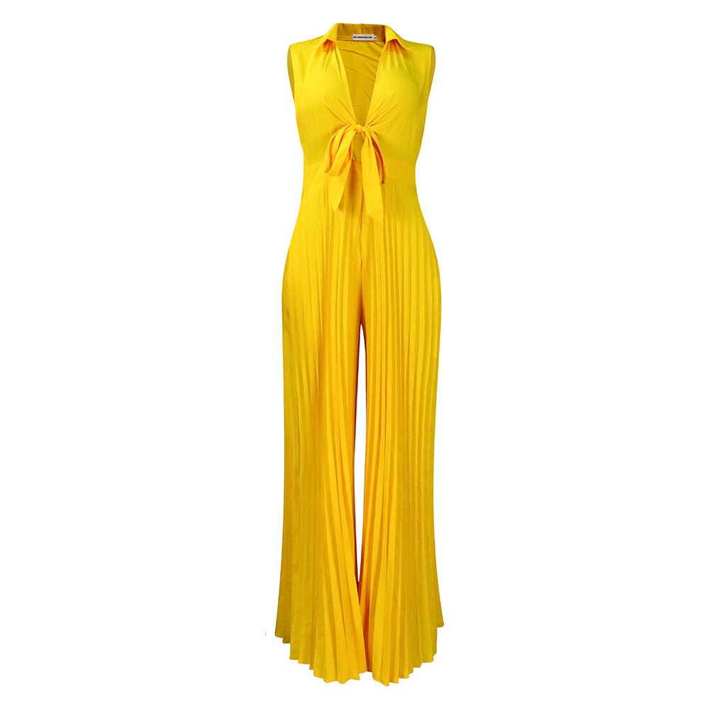 Womens V-neck Sleeveless Turn-down Collar Printed Loose Wide-leg Jumpsuit