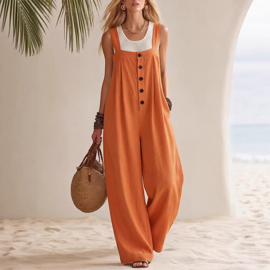 Women's Casual Fashion Bohemian Style Suspender Jumpsuit With Buttons