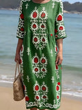 Women's Casual Round Neck Mid Sleeve Print Cotton And Linen Dress