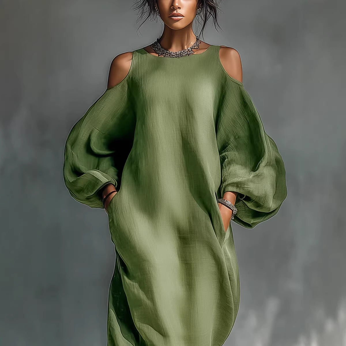 Womens Long-Sleeve Off-Shoulder Mid-Waist Dress