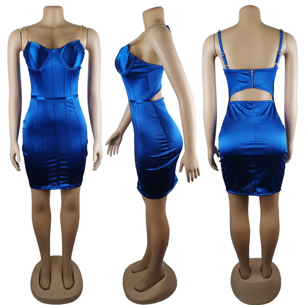 Satin dress with chain suspenders