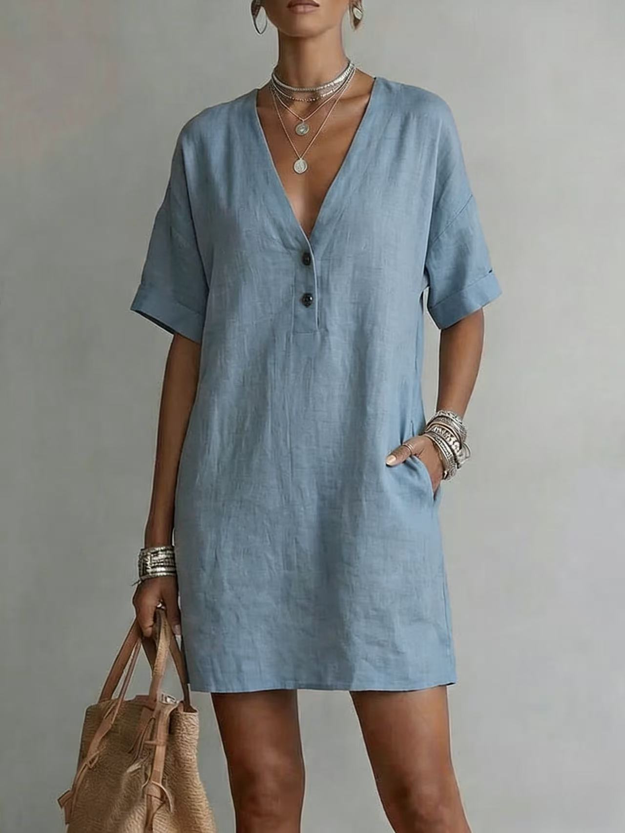 Casual Comfortable Cotton-Linen Pocket Dress With Buttons