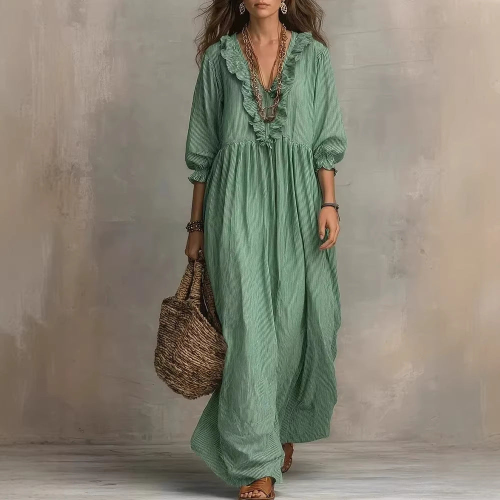 Womens Striped Ruffle-Trimmed Loose High-Waist V-Neck Dress