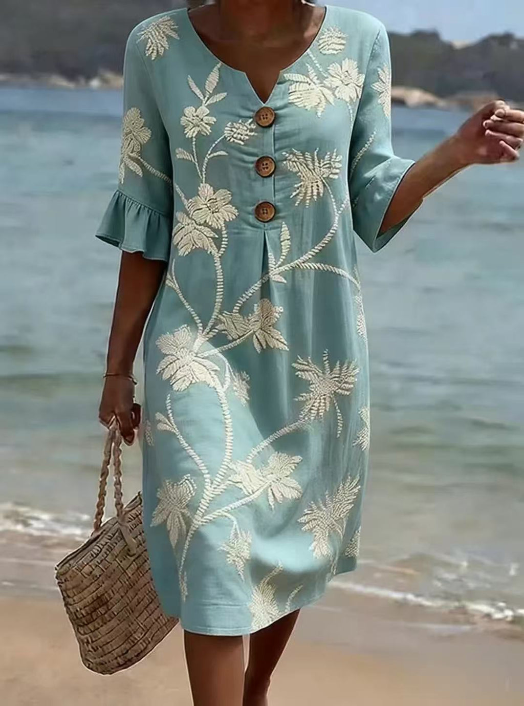 Resort Style V Neck Printed Loose Fitting Mid Sleeve Dress