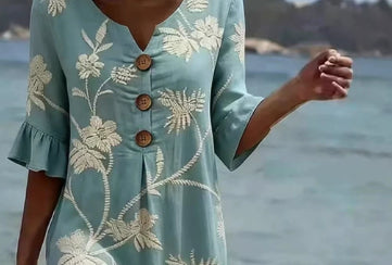 Resort Style V Neck Printed Loose Fitting Mid Sleeve Dress