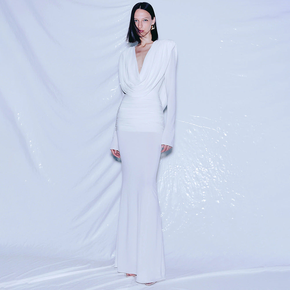 Pure White French Vintage Long Dress Deep V-Neck One-Piece Dress