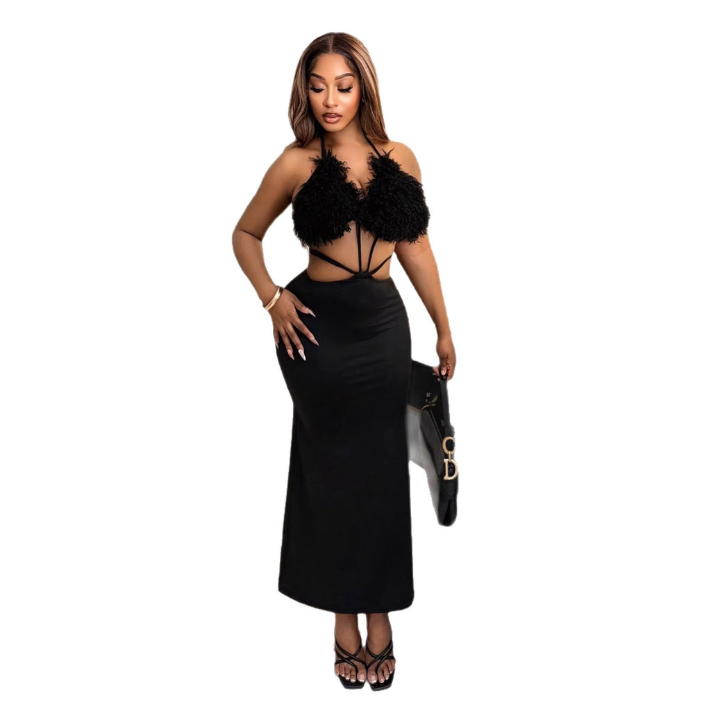 Neck-hanging Fashion Fluffy Patchwork Tube Deep-V Sexy Dress For Women