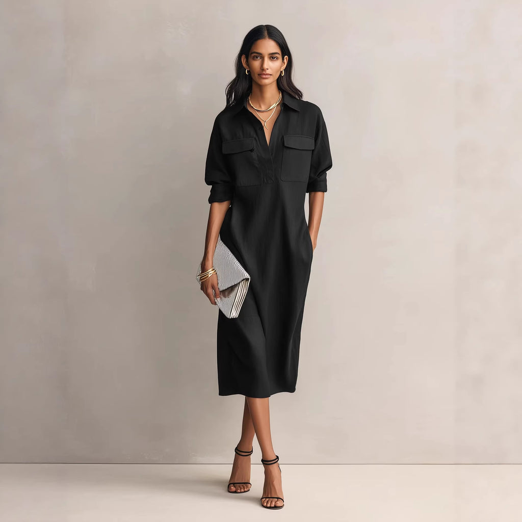 Womens French-style Elegant Commuter Shirt Dress With A Defined Waist, Slimming Fit