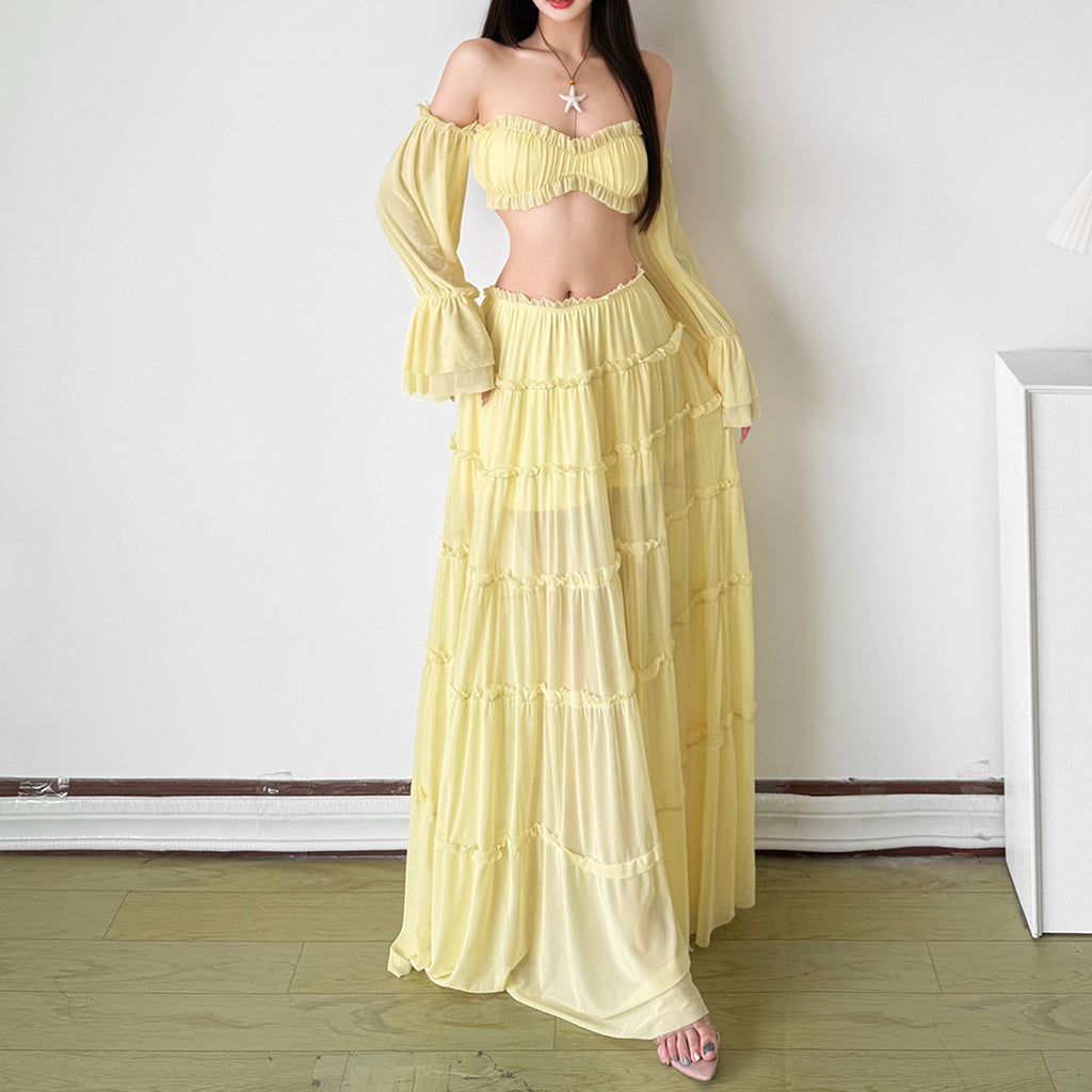 Spring Off Shoulder Long Sleeve Top And Midi Skirt Two Piece Set