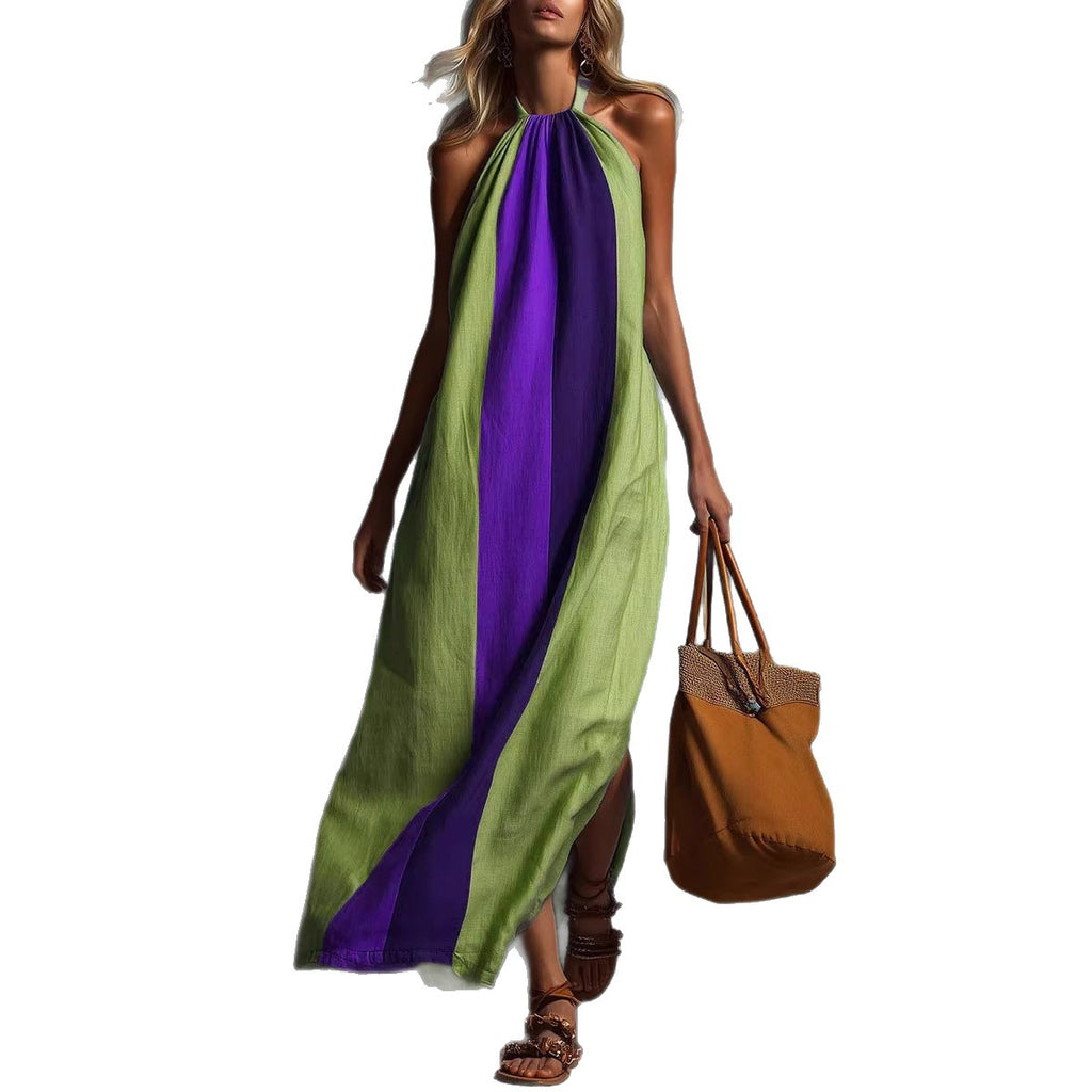 Neck-hanging Color-block Sleeveless Womens Long Dress
