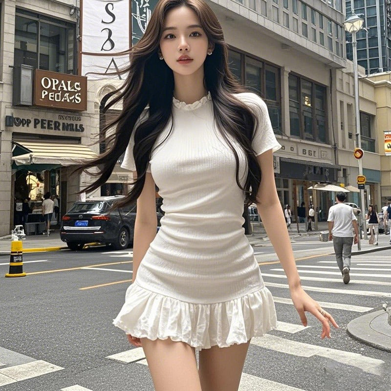 Versatile Ruffle-trimmed Slim-fit Figure-flattering Short-sleeve Dress