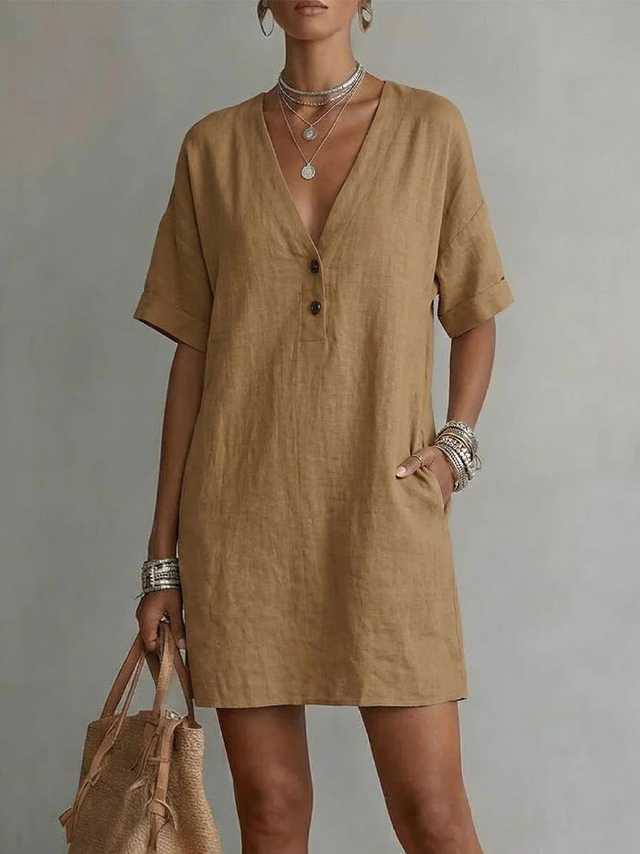 Casual Comfortable Cotton-Linen Pocket Dress With Buttons