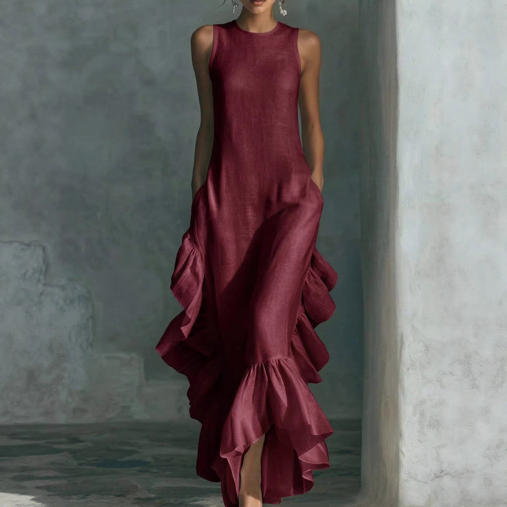 Womens Fashionable And Elegant Sleeveless Crew-Neck Dress With Ruffled Hem