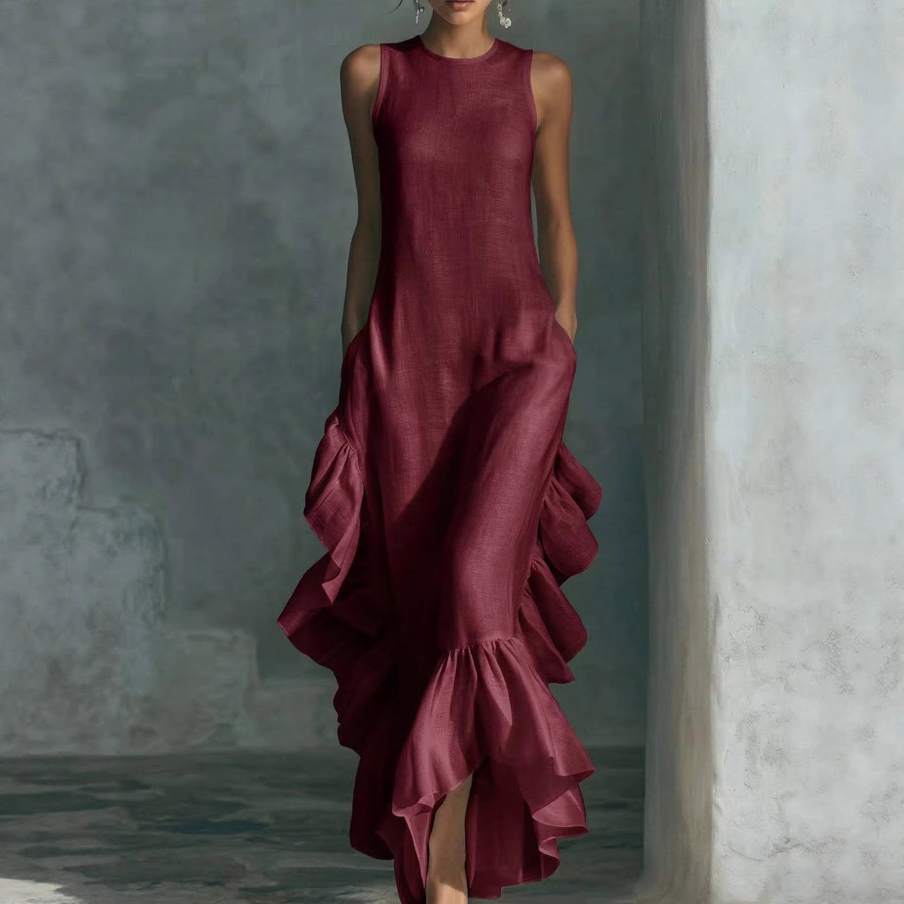 Womens Fashionable And Elegant Sleeveless Crew-Neck Dress With Ruffled Hem