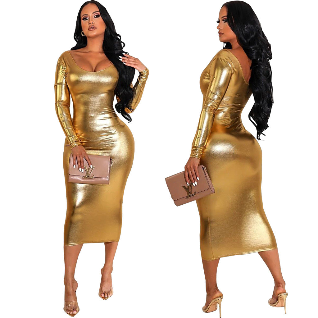 Fashionable Solid-Color Halterneck Off-Shoulder Womens Dress
