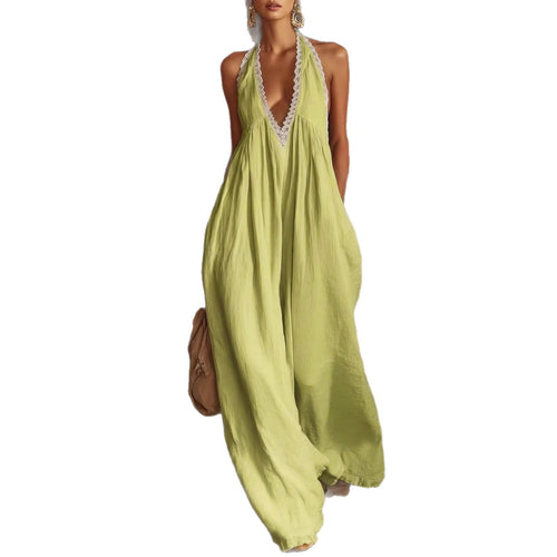 Casual And Comfortable Lace-trimmed Loose Linen Jumpsuit