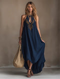Neck-hanging Backless Maxi Sleeveless High-slit Embroidered Resort-style Dress