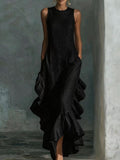 Womens Fashionable And Elegant Sleeveless Crew-Neck Dress With Ruffled Hem