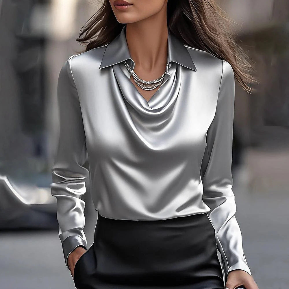 Spring And Autumn Temperament Long Sleeve Satin Swing Collar Top Shirt For Women
