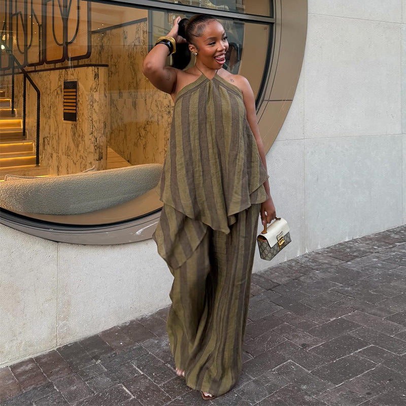 Neck-hanging Sleeveless Asymmetrical Top And Wide-leg Trousers Set
