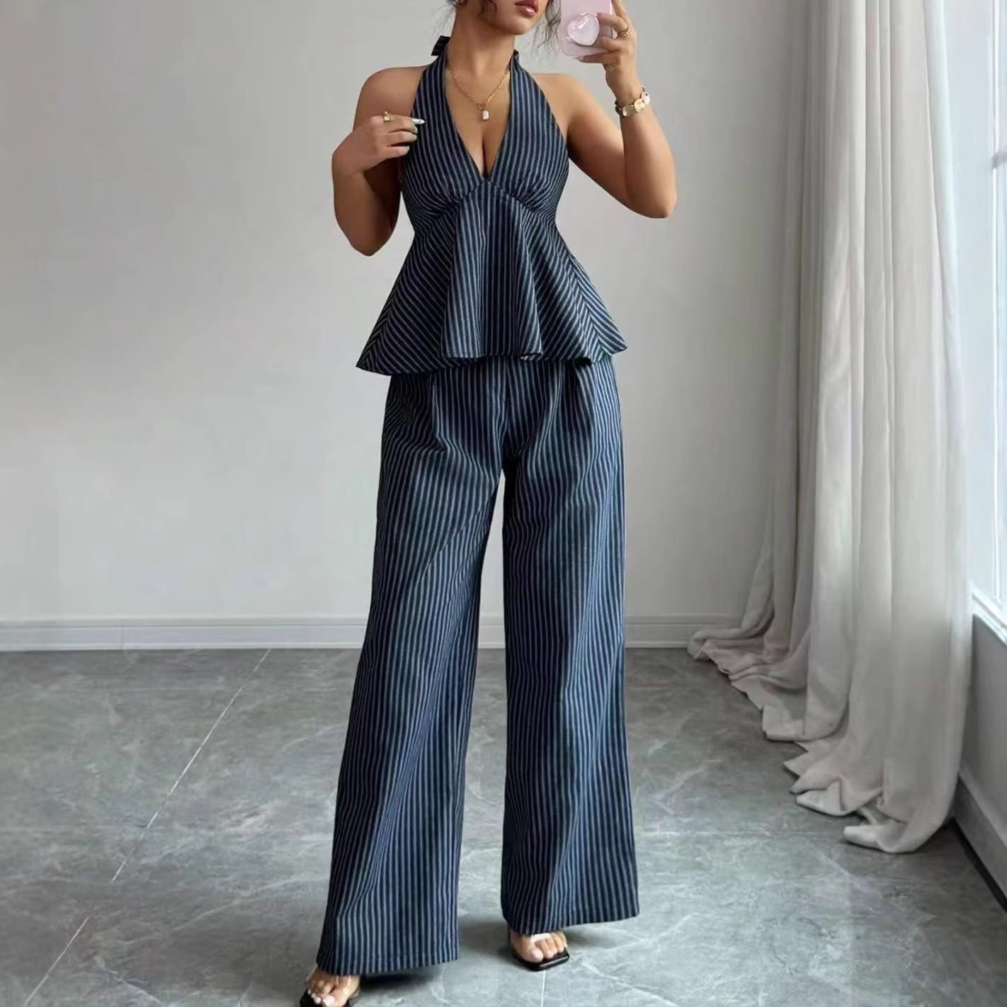 Sexy Backless Halter Jumpsuit And Straight Pants Fashionable Casual Set