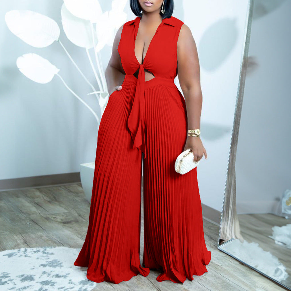 Womens V-neck Sleeveless Turn-down Collar Printed Loose Wide-leg Jumpsuit