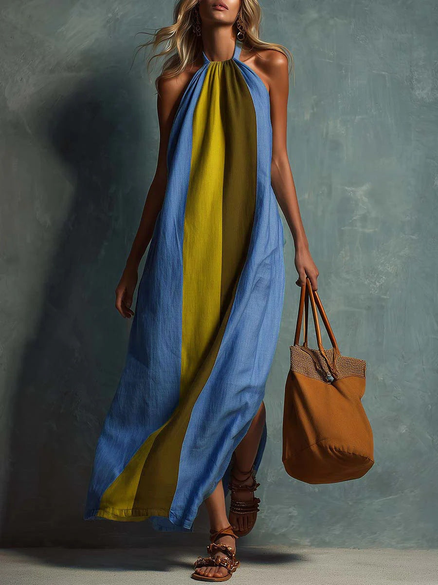 Neck-hanging Color-block Sleeveless Womens Long Dress