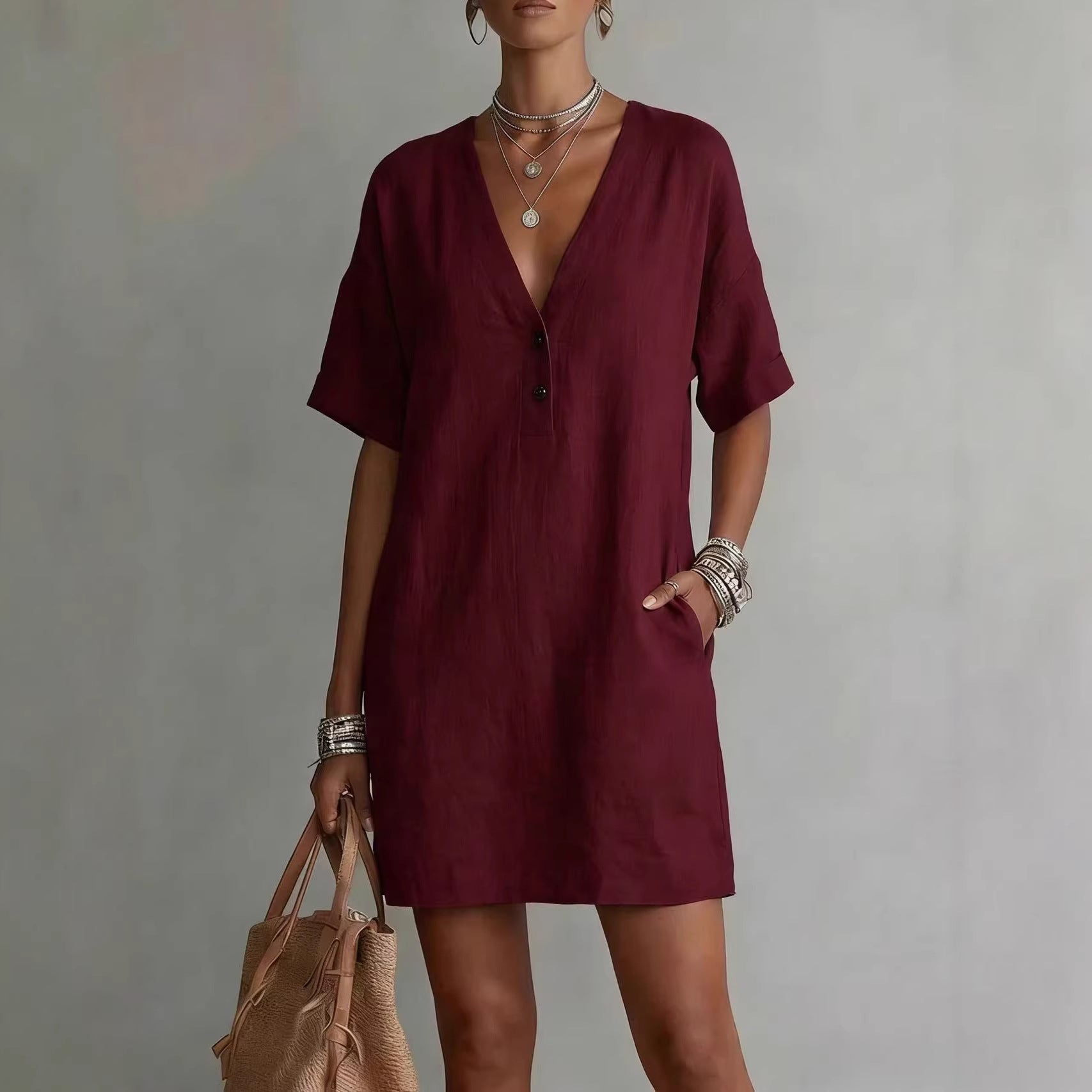 Casual Comfortable Cotton-Linen Pocket Dress With Buttons