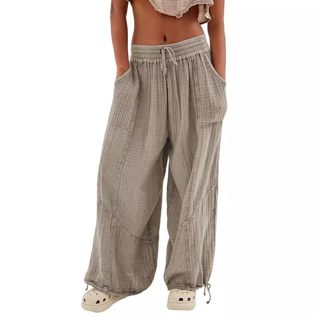 Fashionable Solid-Colored Wide-Leg Pants With Ties And Pockets Long Pants