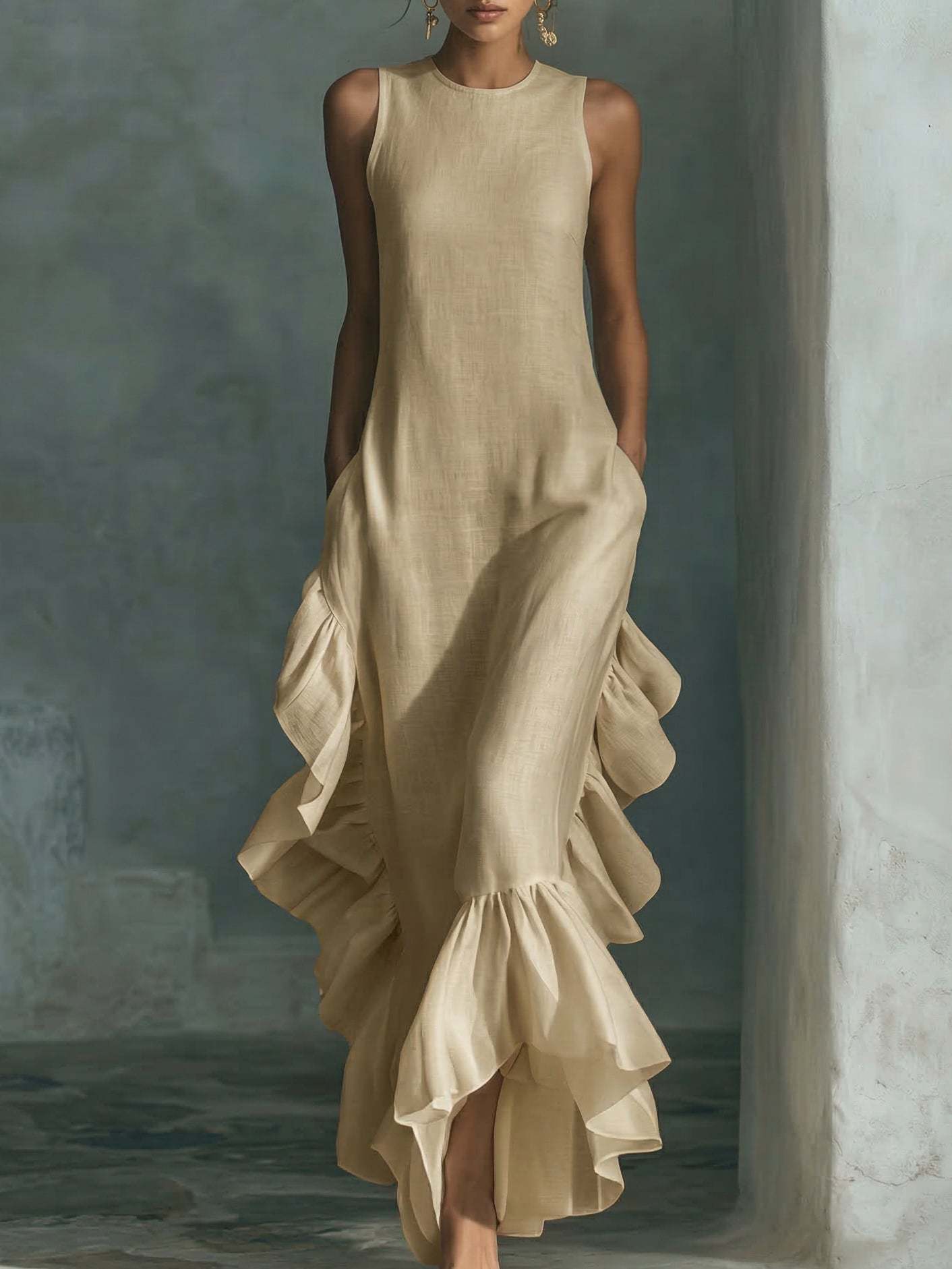 Womens Fashionable And Elegant Sleeveless Crew-Neck Dress With Ruffled Hem