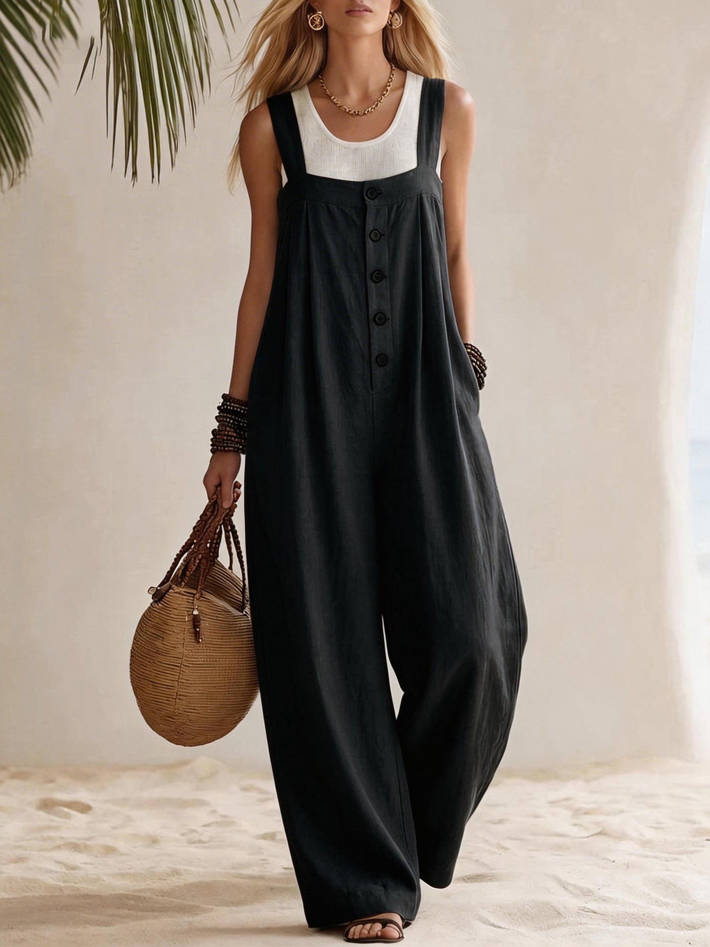 Women's Casual Fashion Bohemian Style Suspender Jumpsuit With Buttons