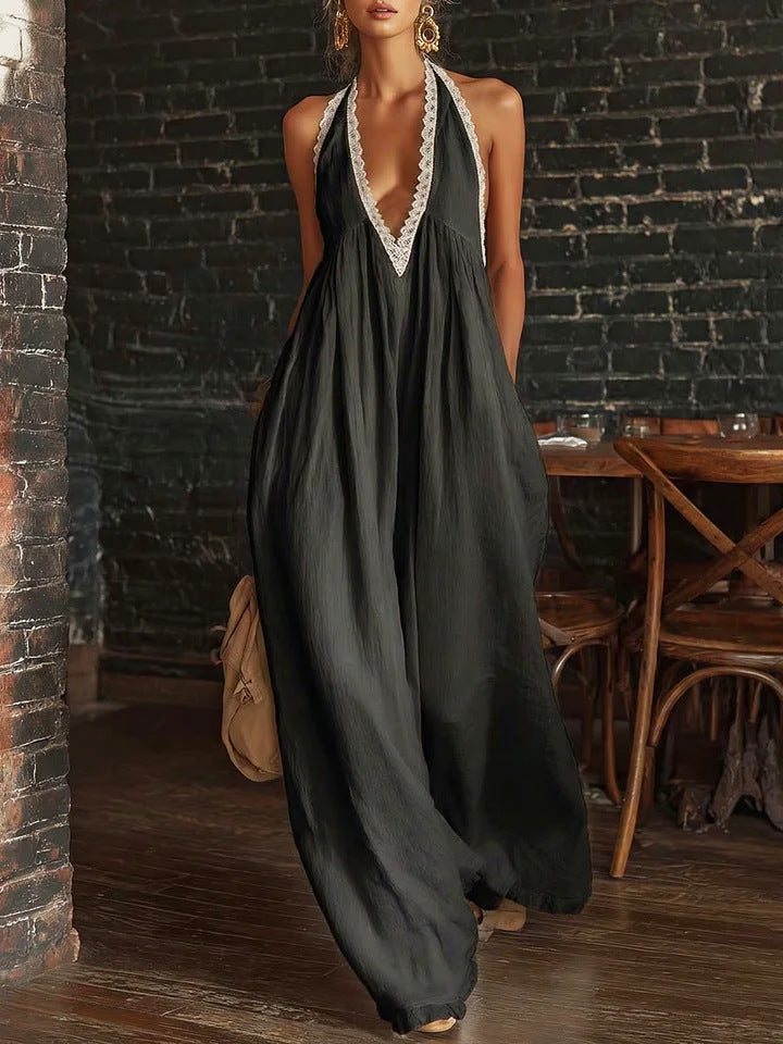 Casual And Comfortable Lace-trimmed Loose Linen Jumpsuit