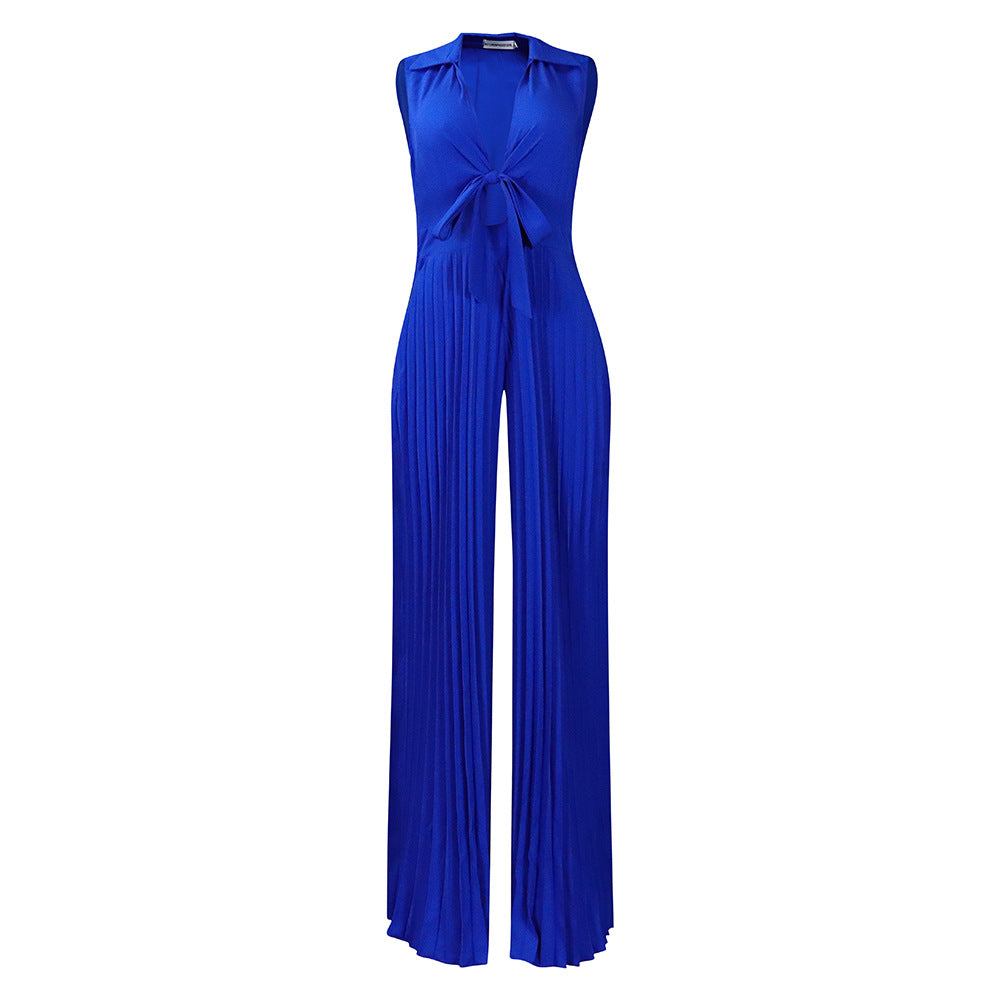 Womens V-neck Sleeveless Turn-down Collar Printed Loose Wide-leg Jumpsuit