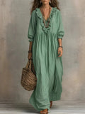 Womens Striped Ruffle-Trimmed Loose High-Waist V-Neck Dress