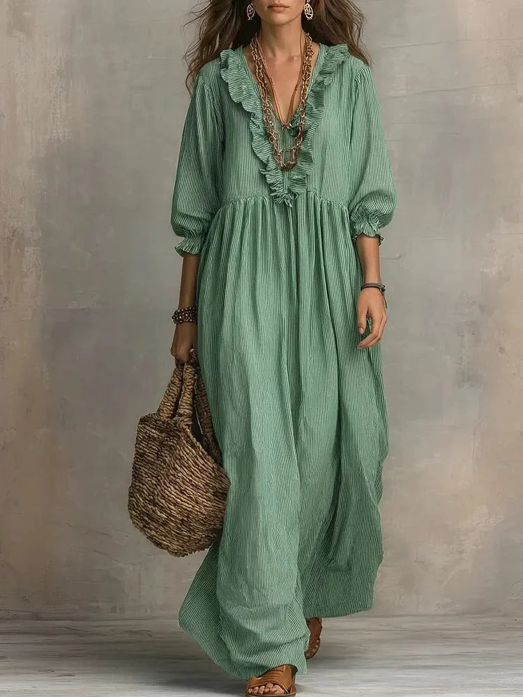 Womens Striped Ruffle-Trimmed Loose High-Waist V-Neck Dress