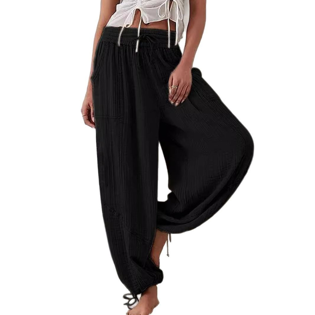 Fashionable Solid-Colored Wide-Leg Pants With Ties And Pockets Long Pants