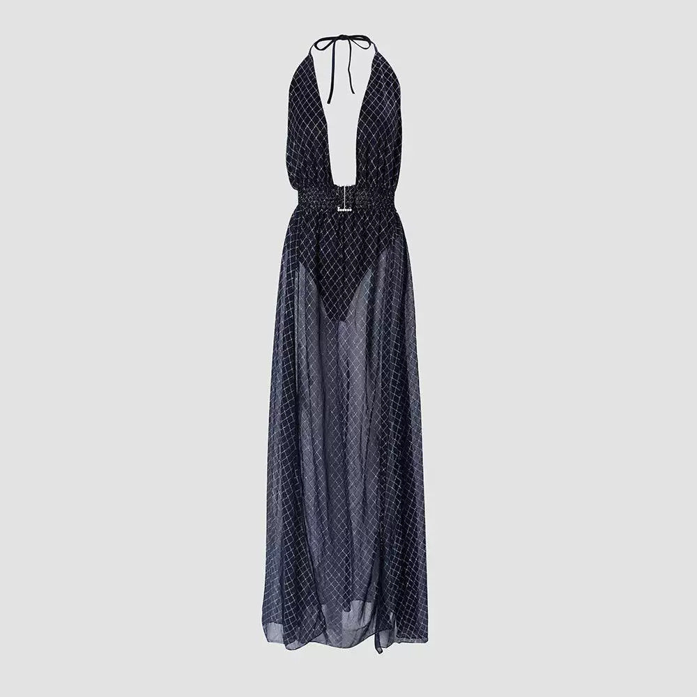 Fashionable Printed High-Slit Halterneck Semi-Sheer Dress For Women