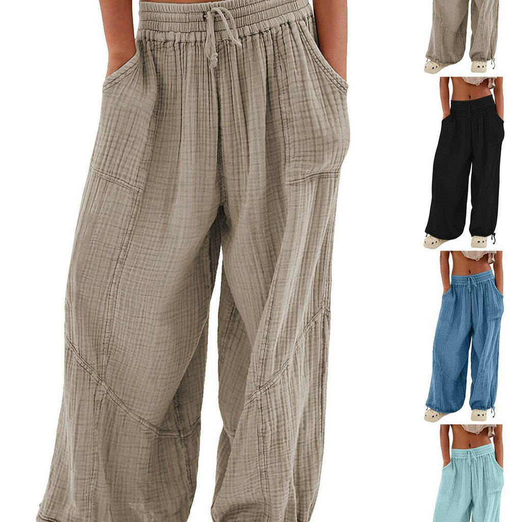 Fashionable Solid-Colored Wide-Leg Pants With Ties And Pockets Long Pants